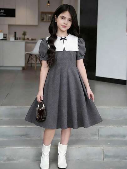 Elladie kids Tween Girls' Cute Collared White Dress With Black Bow Accent, Casual Gray Dress Girls Collared Dress Teen Girl Spring Dress Puff Sleeves Grey Dress For Teen Girls School Girl Dress