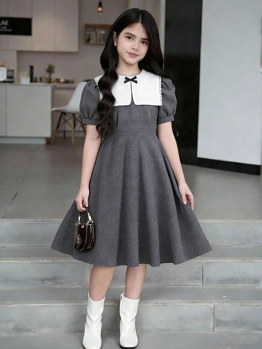 Elladie kids Tween Girls' Cute Collared White Dress With Black Bow Accent, Casual Gray Dress Girls Collared Dress Teen Girl Spring Dress Puff Sleeves Grey Dress For Teen Girls School Girl Dress - Grey - View 1
