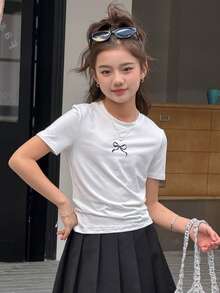 DAZY Girls Casual Knit Round Neck Bow Print Short Sleeve T-Shirt - White - View 3