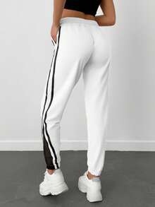 Cottnline 95% Cotton Contrast Tape Drawstring Waist Slant Pocket Sweatpants - White - View 2