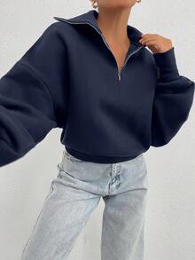 EURMUSE 100% Cotton Collar With Zipper Pattern Oversize Sweatshirt - Navy Blue - View 4