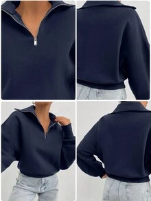EURMUSE 100% Cotton Collar With Zipper Pattern Oversize Sweatshirt - Navy Blue - View 8