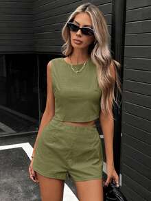 Siren Gaze Bộ đồ nữ mùa hè màu trơn gồm áo hai dây buộc sau lưng và quần short. - màu xanh lá - Xem 12