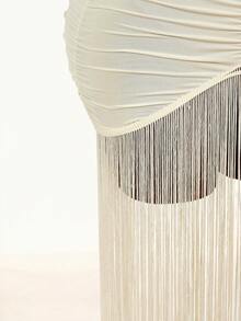 Amplova 女士时尚性感露背流苏下摆中长连衣裙 - 杏色 - 查看 9