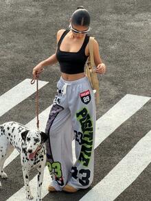 Muchica Summer Casual Y2k Women Letter Print Drawstring Waist Sweatpants - Grey - View 5