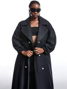 SHEIN EZwear 加大码黑色长款风衣，纯色长袖，简约时尚休闲日常外套 - 黑色 - 查看 4