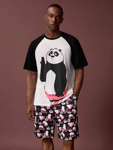 SHEIN Kung Fu Panda طقم ملابس صيفي مكون من بلوزة بأكمام قصيرة بطبعة الباندا الكرتونية الجميلة وألوان متباينة وشورت فضفاض - أبيض وأسود - مشاهدة 4