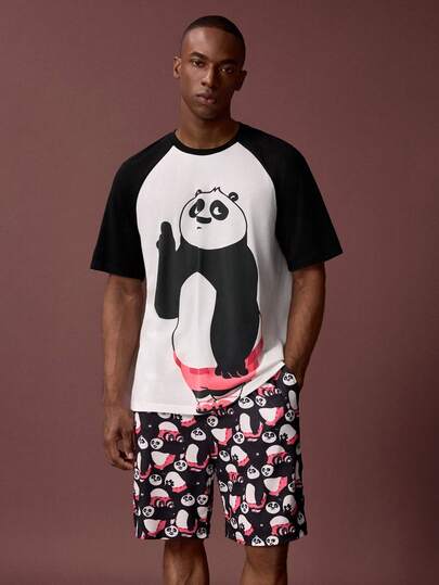 Kung Fu Panda X SHEIN Bộ đồ mặc nhà mùa hè dành cho nam, in hình gấu trúc hoạt hình dễ thương, phối màu tương phản, tay ngắn raglan dáng rộng và quần short.