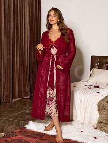 Slumbrini Set Pakaian Dalam Seksi Ukuran Besar, Gaun Selop Tanpa Punggung Motif Bunga Patchwork Renda, Set Jubah Jala Transparan Wanita, Gaun Transparan, Gaun Malam Seksi - Burgundy - View 3