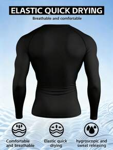 Manfinity Sport Corelite 男士舒适透气印花插肩袖运动T恤健身上衣男士防晒衣男士压缩上衣压缩衬衫男士长袖健身衬衫套装 - 黑色 - 查看 2