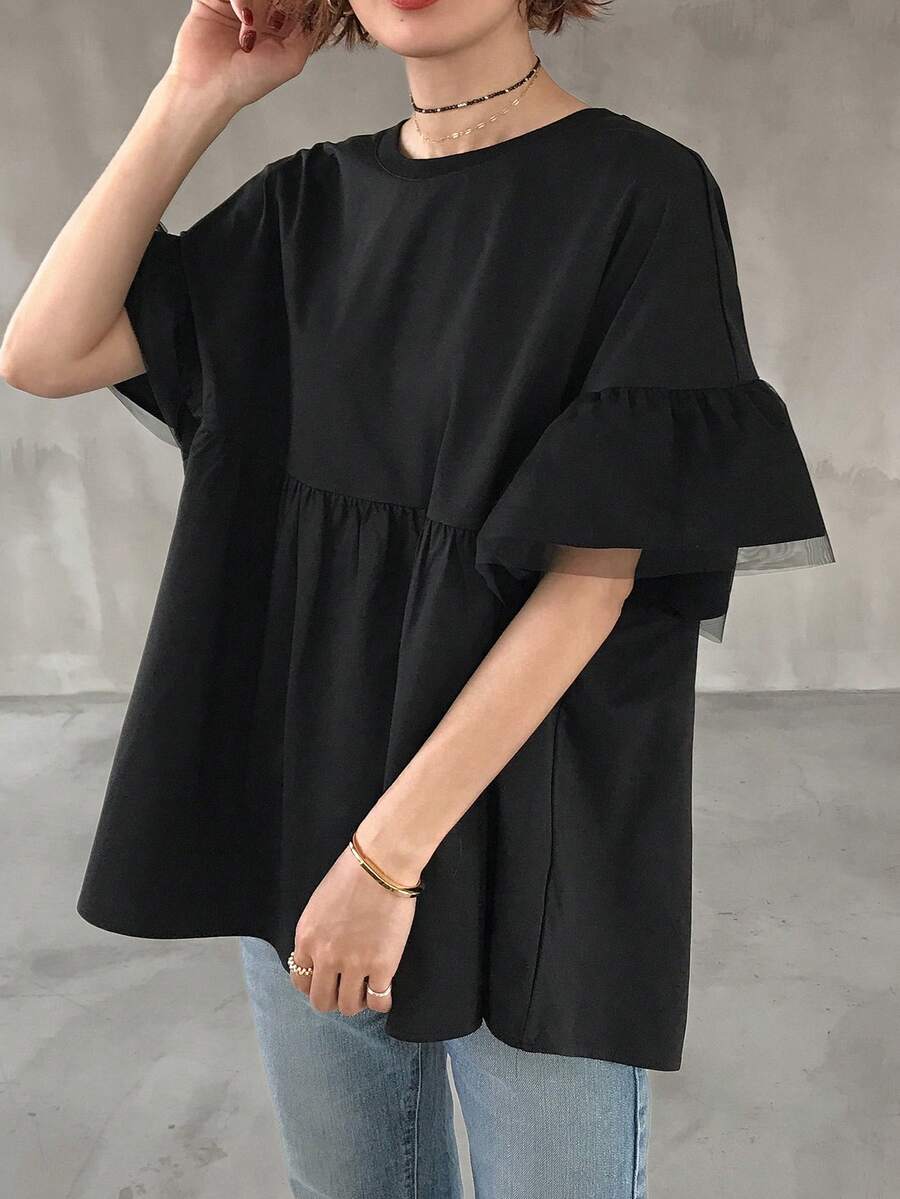 FRIFUL Women's Casual Contrast Mesh Ruffle Trim Short Sleeve T-Shirt, Summer - Black - View 1