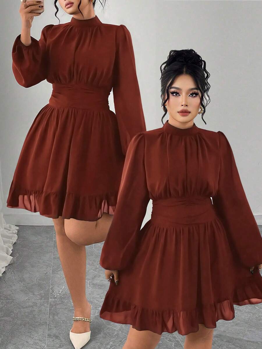 Elenzga 大码女士优雅派对藏蓝色立领荷叶边装饰长袖修身中长连衣裙 - 橘色 - 查看 1