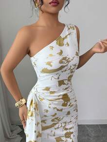 Selianne Women's Elegant Gold Foil Print One-Shoulder Fishtail Dress, Summer - White - View 5