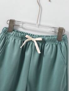 SHEIN 2件套儿童/青少年男童休闲百搭舒适拼接圆领宽松无袖背心和短裤针织套装，适合学校、花园、海滩、生日、春夏穿着。 - 綠色 - 查看 7