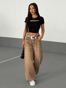 SHEIN PETITE Quần jeans nữ ống rộng cạp thấp, kiểu dáng thường ngày, đã qua xử lý giặt. - màu nâu - Xem 6