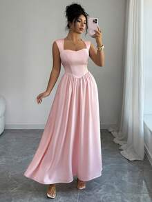 SHEIN Elenzya Đầm nữ màu hồng, chất liệu mềm mại, dáng xòe, cổ bất đối xứng, eo thắt, thích hợp làm quà sinh nhật, hẹn hò, dự tiệc, các dịp trang trọng, đám cưới, ngày Valentine, và là món đồ thời trang thiết yếu cho mùa xuân/hè. - Hồng - Xem 4