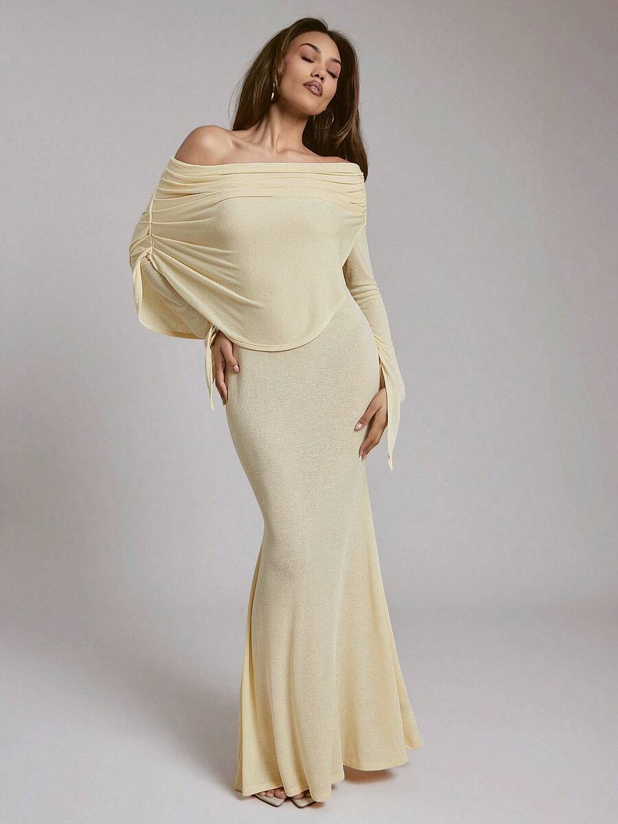 Hauture Women's Daily Going Out Off Shoulder Ruched Soft Knit Butter Yellow Maxi Dress - Light Yellow - View 1