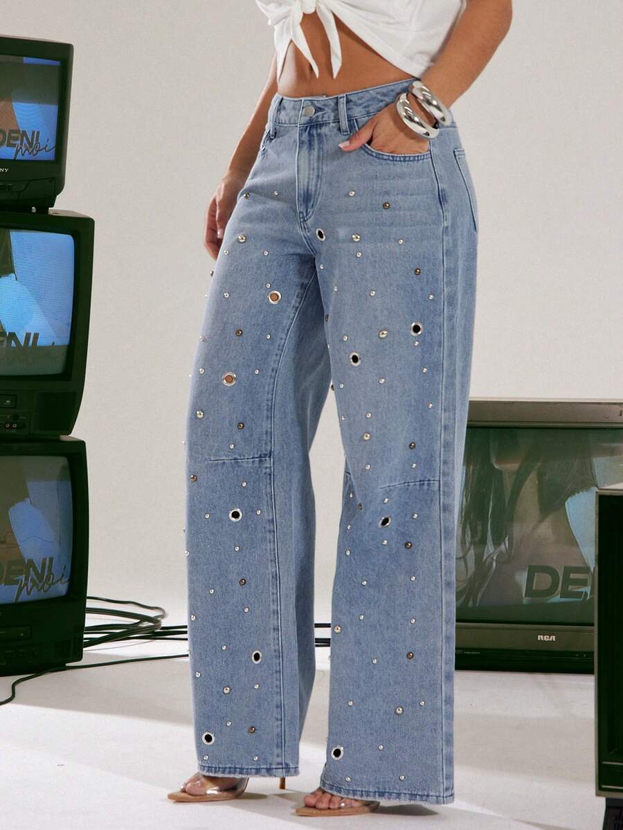 Denimoi Metal Stud Decor Wide Leg Washed Denim Jeans Fashionable Streetwear Grommet Hardware Detail - Light Wash - View 1
