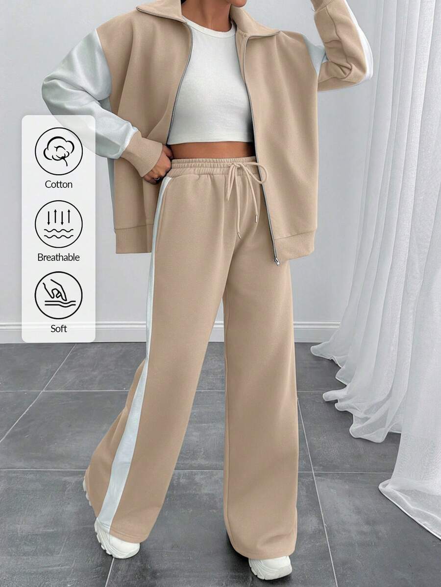 EURMUSE Women Contrast Color High Neck Zipper Detailed Sweatshirt And Sweatpant - Beige - View 1
