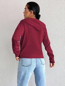 EURMUSE 100%Cotton Zip Up Solid Pocket Front Casual Drawstring Hoodie - Burgundy - View 2