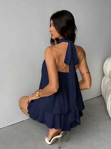 SHEIN Tall Vestido Curto Elegante Feminino Amarelo Claro com Amarração no Pescoço, Adequado para Festa, Encontro, Outono/Inverno, Primavera/Verão