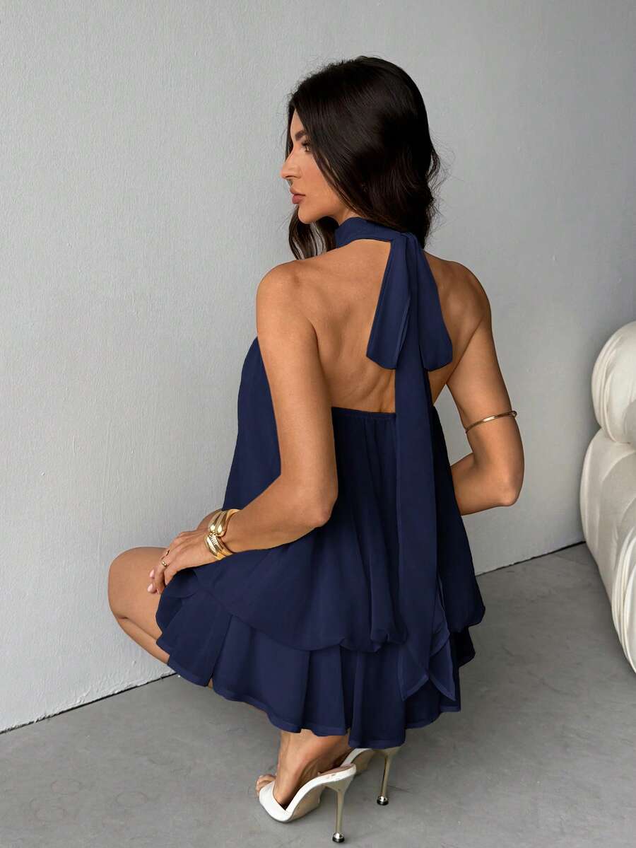 SHEIN Tall Vestido Curto Elegante Feminino Amarelo Claro com Amarração no Pescoço, Adequado para Festa, Encontro, Outono/Inverno, Primavera/Verão