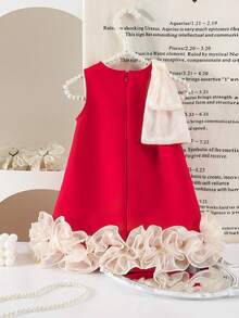 SHEIN Elegant & Cute Red Organza Patchwork Bow Decor Baby Girl Dress - Red - View 2