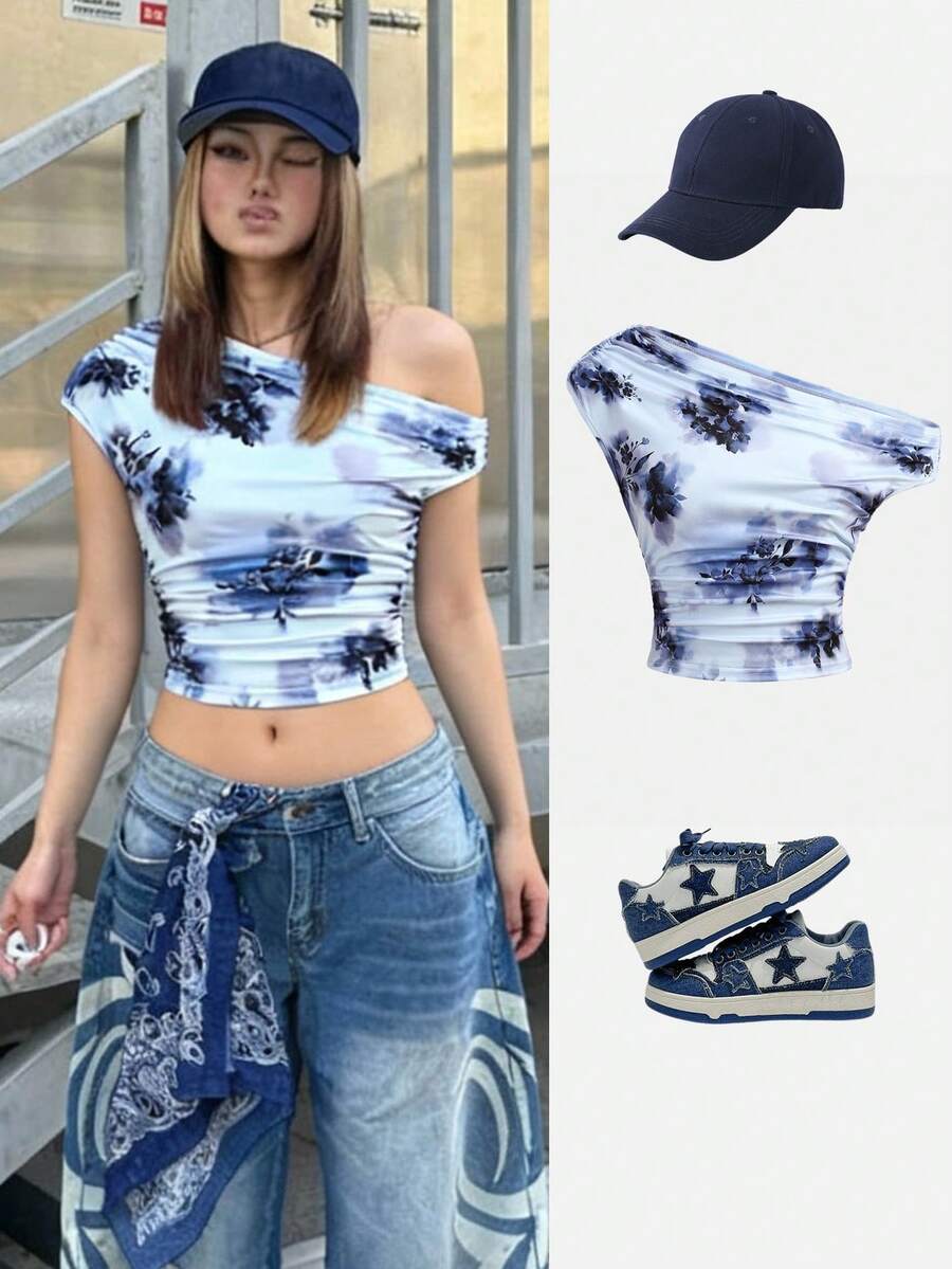 Teen Girls' Casual Floral Asymmetrical Shoulder Top - Dark Grey - View 1