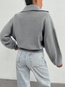 EURMUSE Sudadera oversize de 100% algodón con cremallera y patrón de cuello - Gris - Ver 6