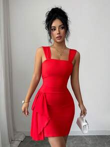 Elenzga 春夏休闲聚会派对不对称荷叶边短款优雅女装，适合婚礼、情人节等场合，时尚红色连衣裙 - 紅色 - 查看 5