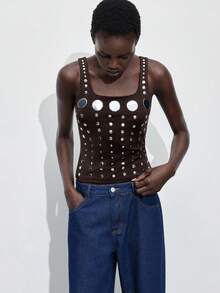 Maija 女士时尚亮片无袖上衣，适合都市通勤、办公室、商务休闲、派对等场合，夏季基础款优雅上衣 - 棕色 - 查看 8