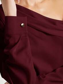 BizChic 女士不对称领荷叶边缎面衬衫，长袖，适合都市通勤、办公室、商务休闲、派对、正式场合、夏季穿着