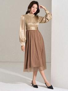 DAZY Women's Color Block Simple Long Sleeve Dress, Casual Everyday Wear Sundress - Camel - View 3