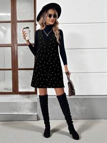 Easowa Elegant Black And White Polka Dot V-Neck Sleeveless A-Line Short Dress,Summer Dining Casual Vintage Commuting Versatile Print Pattern Dress For Women - Multicolor - View 3