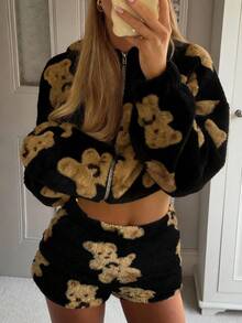 CovetEZ Quần short kiểu dáng thoải mái, chất liệu lông mềm mại như gấu bông dành cho nữ, thích hợp mặc hàng ngày. - màu đen - Xem 3