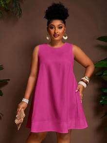 Veslaya Spring/Summer New Arrival Vacation & Casual Solid White Loose Sleeveless A-Line Plus Size Mini Dress - B - Hot Pink - View 5