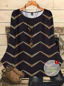 EMERY ROSE Blusa feminina plus size casual com estampa total, gola redonda e mangas 3/4, blusa feminina casual outono/inverno listrada em preto e branco, blusa feminina casual listrada, blusas casuais plus size. - Multicolorido - Ver 1