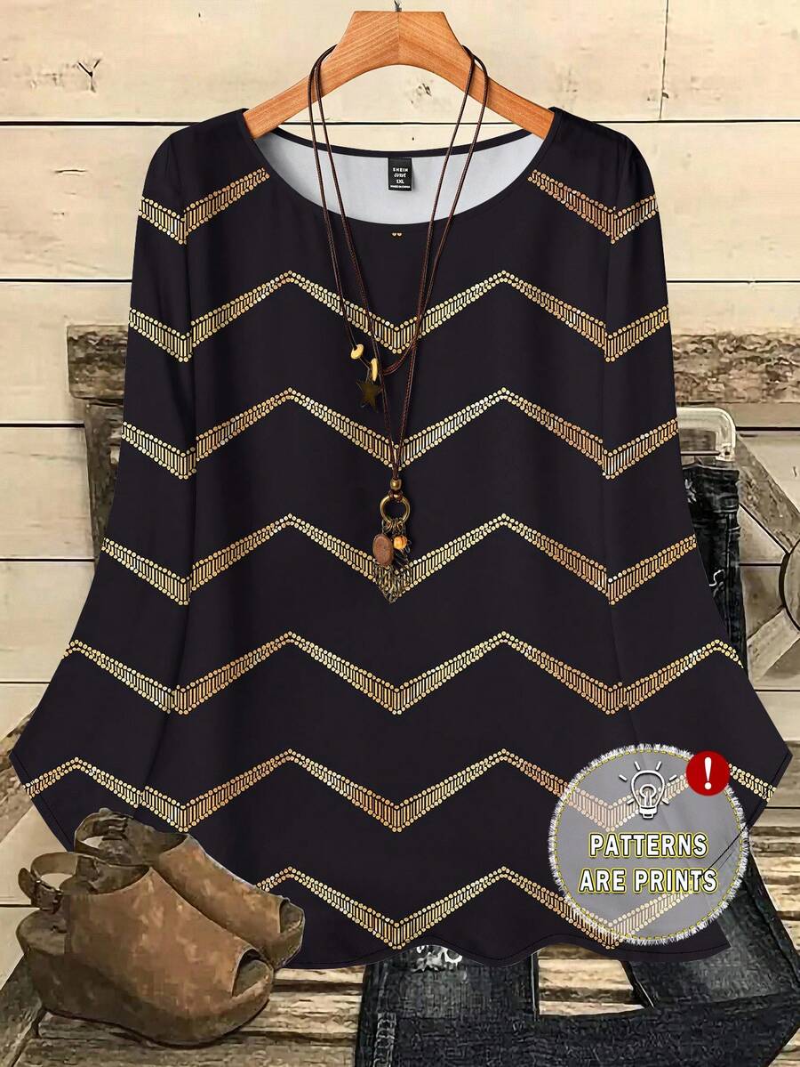 EMERY ROSE Blusa feminina plus size casual com estampa total, gola redonda e mangas 3/4, blusa feminina casual outono/inverno listrada em preto e branco, blusa feminina casual listrada, blusas casuais plus size. - Multicolorido - Ver 1