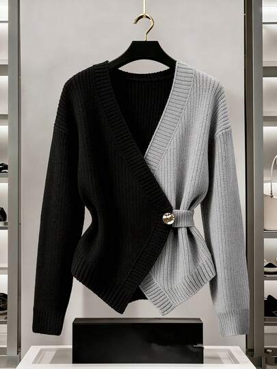 GlowEve CURVE 女士不对称纽扣休闲长袖宽松大码开衫，秋冬季外套