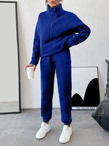 SHEIN Cottnline Half Zipper Drop Shoulder Sweatshirt Set With Jogger Pants,Winter,Fleeze - Royal Blue - View 3