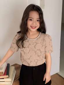 DAZY Young Girl Round Neck Puff Sleeve Loose Elegant Blouse Summer - Khaki - View 2