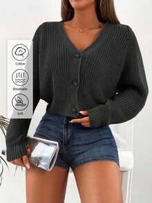 EURMUSE Cardigan casual a maniche lunghe con scollo a V e bottoni, tinta unita, adatto per autunno/inverno - Grigio Scuro - Visualizzare 1