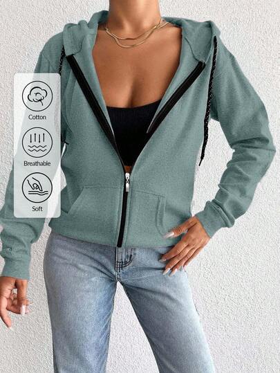 EURMUSE 100%Cotton Women Casual Zip Up Drawstring Hoodie