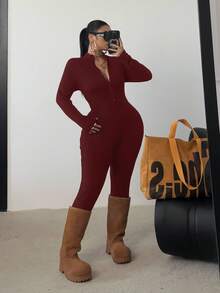 POPSWAY Bộ đồ liền thân dài tay màu đen cỡ lớn, khóa kéo phía trước, thắt eo, ôm vừa vặn, màu trơn, đa năng, mặc hàng ngày - Màu Đỏ Sâu - Xem 4