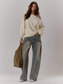 MUSERA Áo liền quần dáng rộng, vai lệch, đính đinh tán, lưng cánh, eo thắt, phong cách Y2K cá tính, đường phố, thường ngày, mùa đông xuân. - Kem - Xem 3