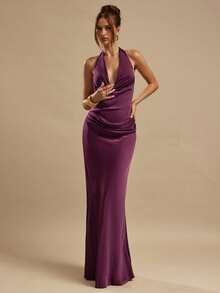 SHEIN BAE Plum Color Ruched Draped Neck Elegant Fitted Maxi Satin Dress, Suitable For Bridesmaid, Social Events, Weddings, Brunch, Summer Mauve Formal Dress Sexy Long Dress Deep V Dress Purple Formal Dress Women - Burgundy - View 4