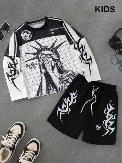 PAVTROS 1 Set Boys' Street Style Creative Graphic Print Long Sleeve Top & Matching Shorts Set, Regular Thickness, Casual, Summer Fall Winter