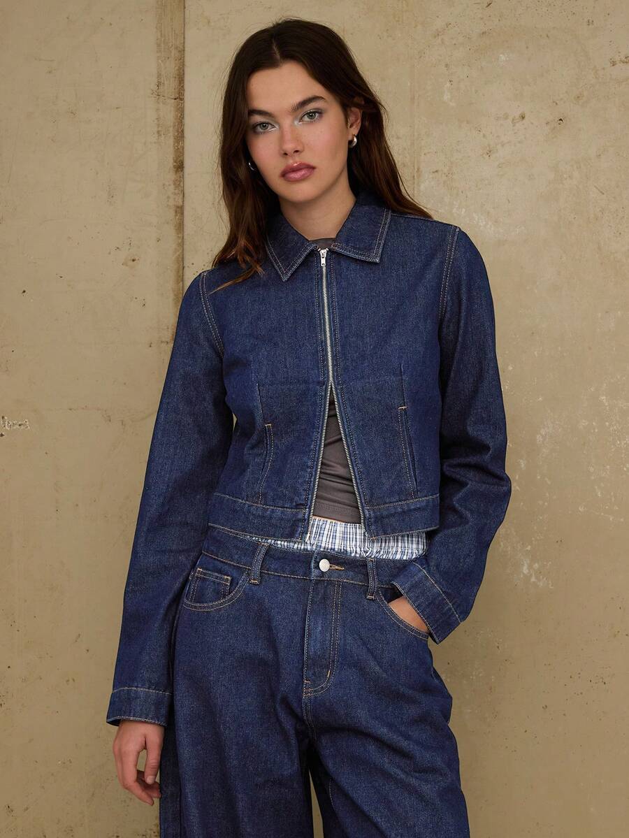 COUREZ 中蓝色水洗修身拉链牛仔外套/Y2K秋冬女装可爱两件套外出派对新年装 - 深色水洗藍 - 查看 1