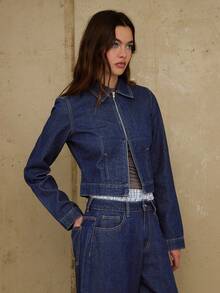 COUREZ 中蓝色水洗修身拉链牛仔外套/Y2K秋冬女装可爱两件套外出派对新年装 - 深色水洗藍 - 查看 4