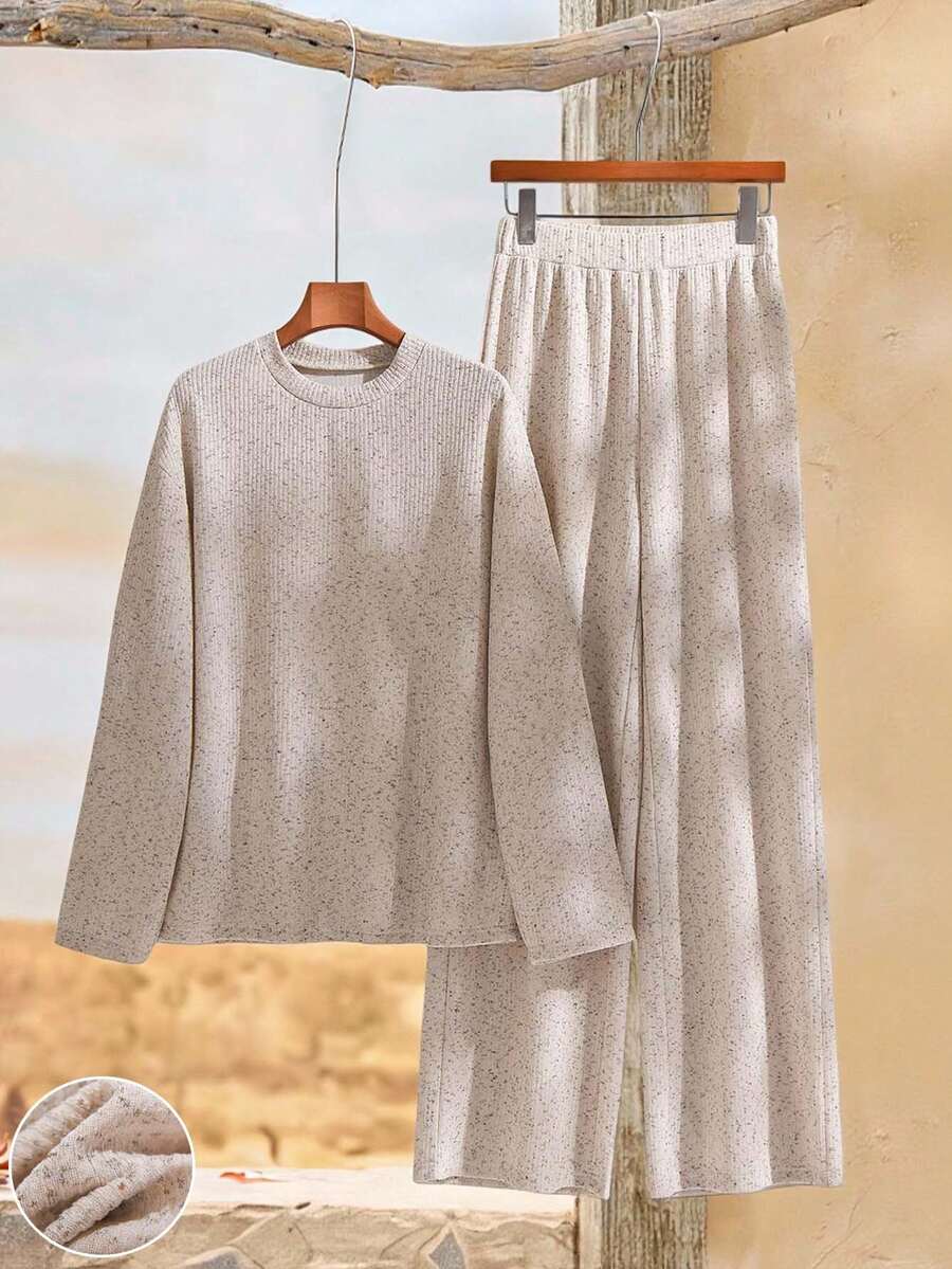 Rusticease 两件套纯色圆领长袖上衣和松紧腰长裤，休闲秋冬装 - 白色 - 查看 1